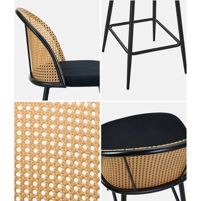 BS-HD-MOC-BK-2PC Oikiture Bar Stools Kitchen Counter Stool Rattan Dining Chair Velvet Black x2