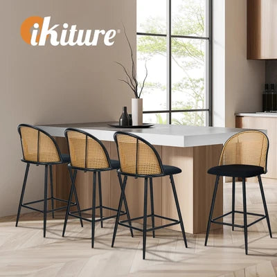 BS-HD-MOC-BK-2PC Oikiture Bar Stools Kitchen Counter Stool Rattan Dining Chair Velvet Black x2
