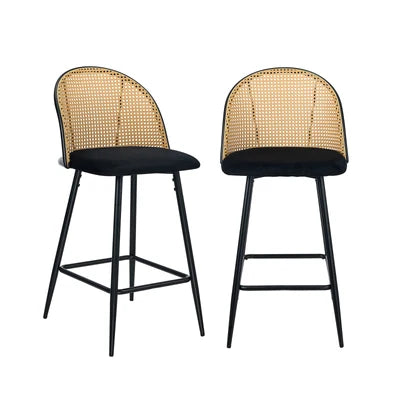 BS-HD-MOC-BK-2PC Oikiture Bar Stools Kitchen Counter Stool Rattan Dining Chair Velvet Black x2