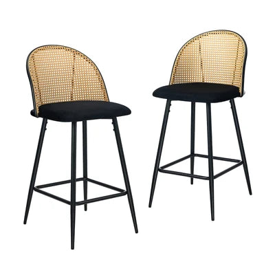 BS-HD-MOC-BK-2PC Oikiture Bar Stools Kitchen Counter Stool Rattan Dining Chair Velvet Black x2