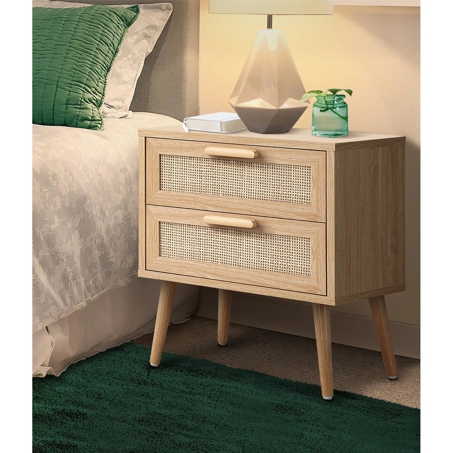 BT-A23-RAT-WD Bedside Table 2 Drawers Rattan Bedroom Storage Cabinet Furniture Wood