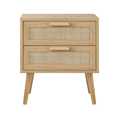 BT-A23-RAT-WD Bedside Table 2 Drawers Rattan Bedroom Storage Cabinet Furniture Wood