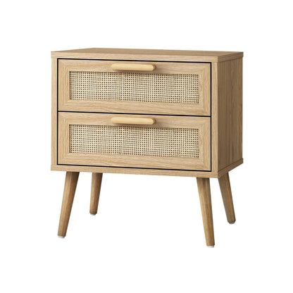 BT-A23-RAT-WD Bedside Table 2 Drawers Rattan Bedroom Storage Cabinet Furniture Wood