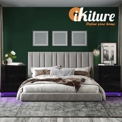 BT-B12-LED-3D-BK Oikiture Bedside Table RGB LED Nightstand Cabinet 3 Drawers Side Table Furniture