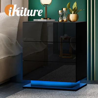 BT-B12-LED-3D-BK Oikiture Bedside Table RGB LED Nightstand Cabinet 3 Drawers Side Table Furniture