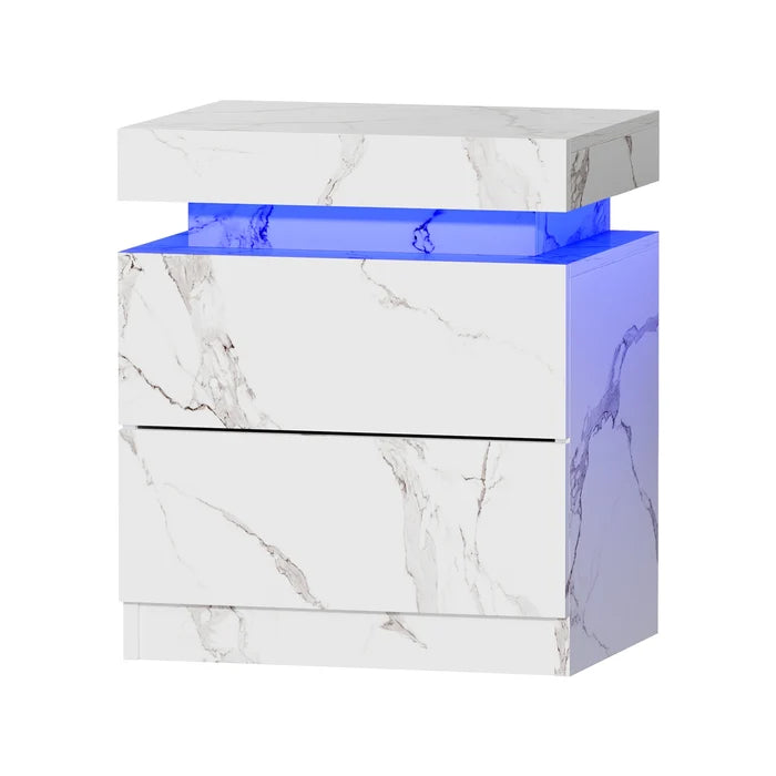 BT-BD-D5-LED-WH  Oikiture Bedside Table 2 Drawers LED Side Tables Nightstand Marble Effect White