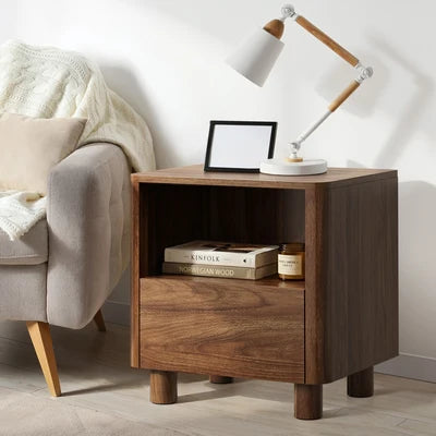 Scratched BT-COCO-1S1D-WN Oikiture Bedside Table Nightstand One Drawer Open Shelf Handle-Free Walnut