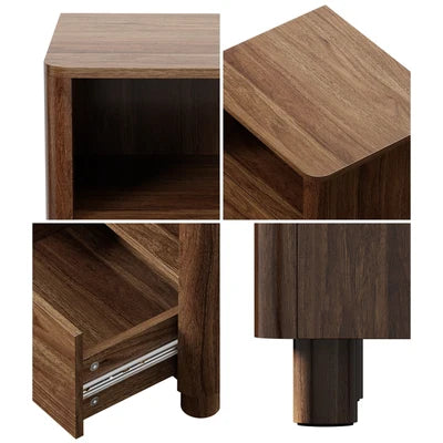 BT-COCO-1S1D-WN Oikiture Bedside Table Nightstand One Drawer Open Shelf Handle-Free Walnut