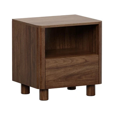 BT-COCO-1S1D-WN Oikiture Bedside Table Nightstand One Drawer Open Shelf Handle-Free Walnut