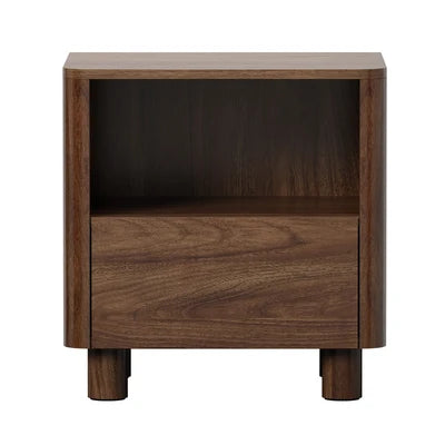 BT-COCO-1S1D-WN Oikiture Bedside Table Nightstand One Drawer Open Shelf Handle-Free Walnut