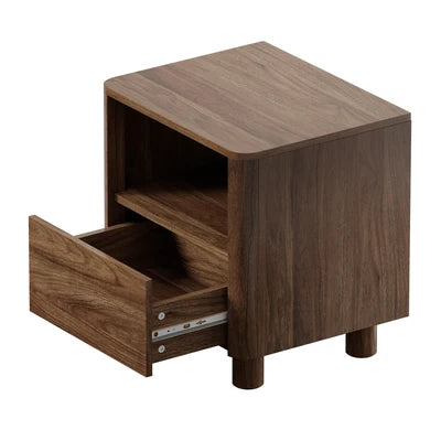 BT-COCO-1S1D-WN Oikiture Bedside Table Nightstand One Drawer Open Shelf Handle-Free Walnut