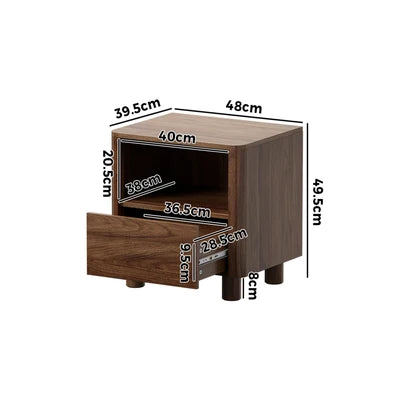 BT-COCO-1S1D-WN Oikiture Bedside Table Nightstand One Drawer Open Shelf Handle-Free Walnut