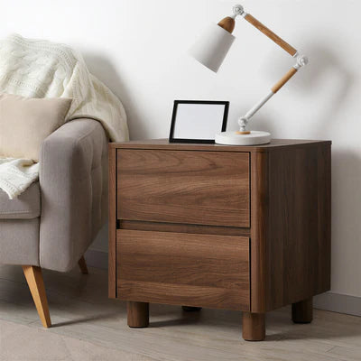 BT-COCO-2D-WN Oikiture Bedside Table 2 Drawers Storage Cabinet Nightstand Side Table Walnut
