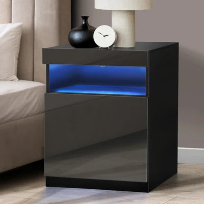 BT-HH-01-BK Oikiture Bedside Table LED Nightstand Shelf Side End Table Storage Cabinet Black