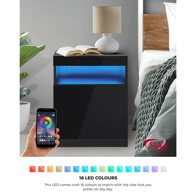 BT-HH-01-BK Oikiture Bedside Table LED Nightstand Shelf Side End Table Storage Cabinet Black