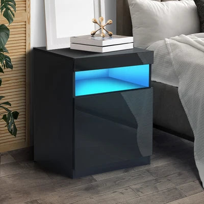 BT-HH-01-BK Oikiture Bedside Table LED Nightstand Shelf Side End Table Storage Cabinet Black
