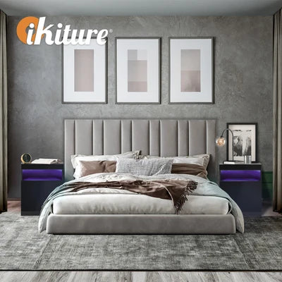 BT-HH-01-BK Oikiture Bedside Table LED Nightstand Shelf Side End Table Storage Cabinet Black