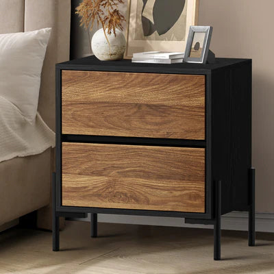 BT-KAMA-2D-WN Oikiture Bedside Table 2 Drawers Side End Bedroom Storage Nightstand Walnut