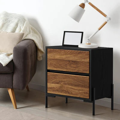 BT-KAMA-2D-WN Oikiture Bedside Table 2 Drawers Side End Bedroom Storage Nightstand Walnut