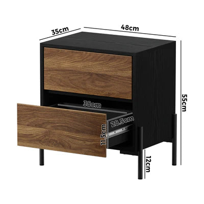 BT-KAMA-2D-WN Oikiture Bedside Table 2 Drawers Side End Bedroom Storage Nightstand Walnut