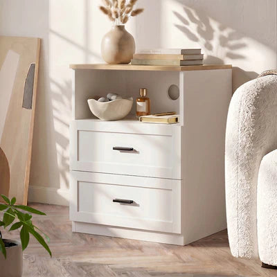 BT-LECI-1S2D-WDWH Oikiture Bedside Table 2 Drawers Open Shelf Nightstand Cabinet Natural&White