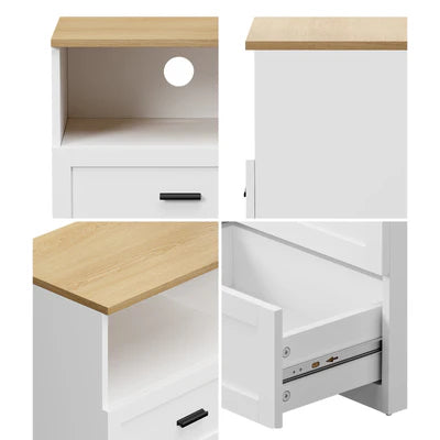 BT-LECI-1S2D-WDWH Oikiture Bedside Table 2 Drawers Open Shelf Nightstand Cabinet Natural&White