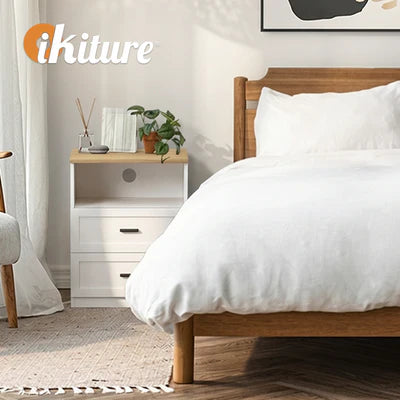 BT-LECI-1S2D-WDWH Oikiture Bedside Table 2 Drawers Open Shelf Nightstand Cabinet Natural&White