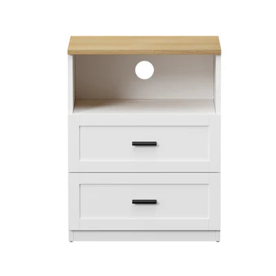 BT-LECI-1S2D-WDWH Oikiture Bedside Table 2 Drawers Open Shelf Nightstand Cabinet Natural&White