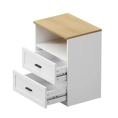 BT-LECI-1S2D-WDWH Oikiture Bedside Table 2 Drawers Open Shelf Nightstand Cabinet Natural&White
