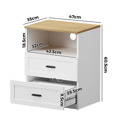 BT-LECI-1S2D-WDWH Oikiture Bedside Table 2 Drawers Open Shelf Nightstand Cabinet Natural&White