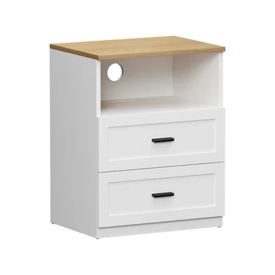 BT-LECI-1S2D-WDWH Oikiture Bedside Table 2 Drawers Open Shelf Nightstand Cabinet Natural&White