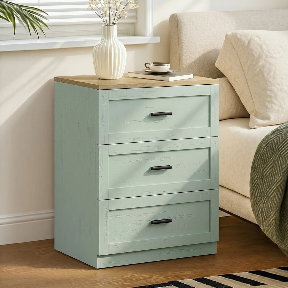 BT-LECI-3D-WDGN Oikiture Bedside Table 3 Drawers Nightstand Cabinet End Table Natural&Green