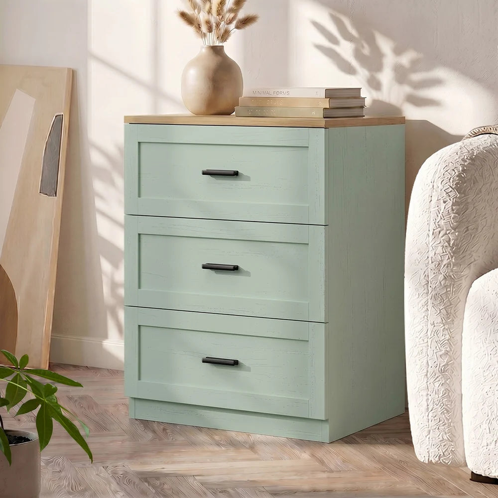 BT-LECI-3D-WDGN Oikiture Bedside Table 3 Drawers Nightstand Cabinet End Table Natural&Green