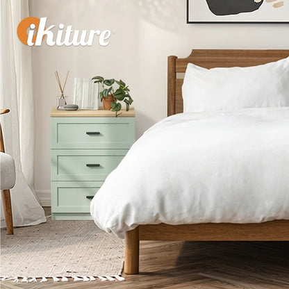 BT-LECI-3D-WDGN Oikiture Bedside Table 3 Drawers Nightstand Cabinet End Table Natural&Green