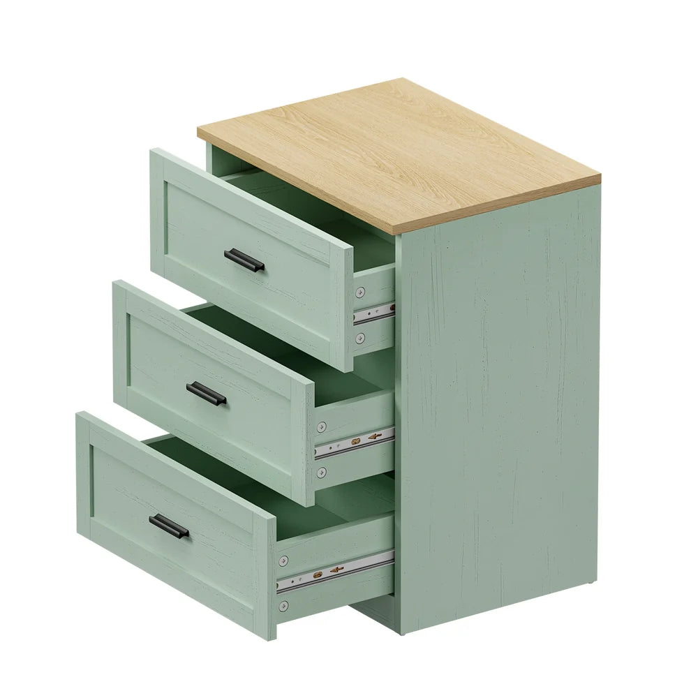 BT-LECI-3D-WDGN Oikiture Bedside Table 3 Drawers Nightstand Cabinet End Table Natural&Green