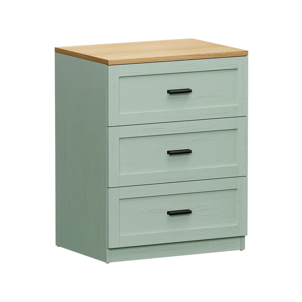 BT-LECI-3D-WDGN Oikiture Bedside Table 3 Drawers Nightstand Cabinet End Table Natural&Green