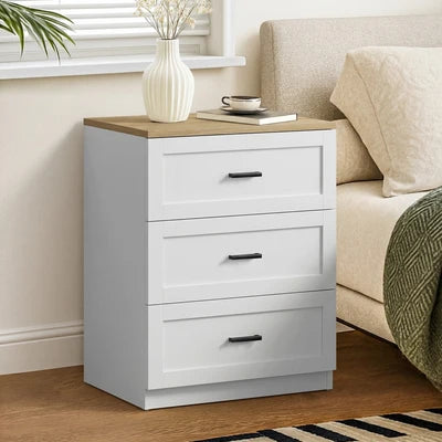 BT-LECI-3D-WDWH Oikiture Bedside Table 3 Drawers Nightstand Cabinet End Table Natural&White