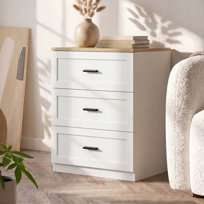 BT-LECI-3D-WDWH Oikiture Bedside Table 3 Drawers Nightstand Cabinet End Table Natural&White