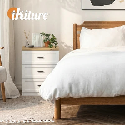 BT-LECI-3D-WDWH Oikiture Bedside Table 3 Drawers Nightstand Cabinet End Table Natural&White