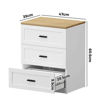 BT-LECI-3D-WDWH Oikiture Bedside Table 3 Drawers Nightstand Cabinet End Table Natural&White