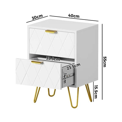 BT-MOND-2D-WHGD Oikiture Bedside Table 2 Drawers Gold Metal Nightstand Storage Cabinet White