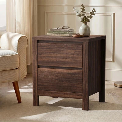 BT-NAVI-2D-WN Oikiture Bedside Table 2 Drawers Storage Nightstand Handle-Free Walnut