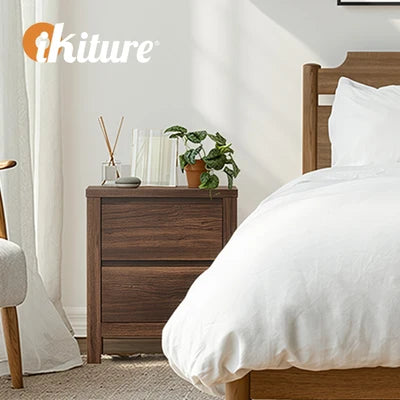BT-NAVI-2D-WN Oikiture Bedside Table 2 Drawers Storage Nightstand Handle-Free Walnut