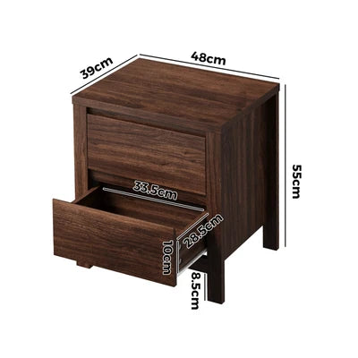 BT-NAVI-2D-WN Oikiture Bedside Table 2 Drawers Storage Nightstand Handle-Free Walnut