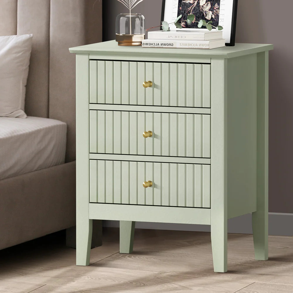 BT-PRIN-3D-GN Oikiture Bedside Table 3 Drawers Side End Storage Furniture Nightstand Green