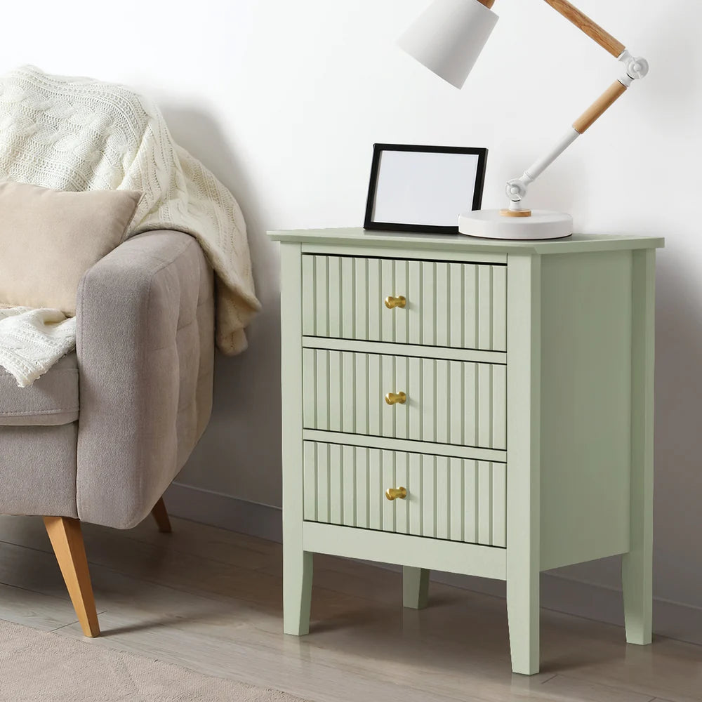 BT-PRIN-3D-GN Oikiture Bedside Table 3 Drawers Side End Storage Furniture Nightstand Green