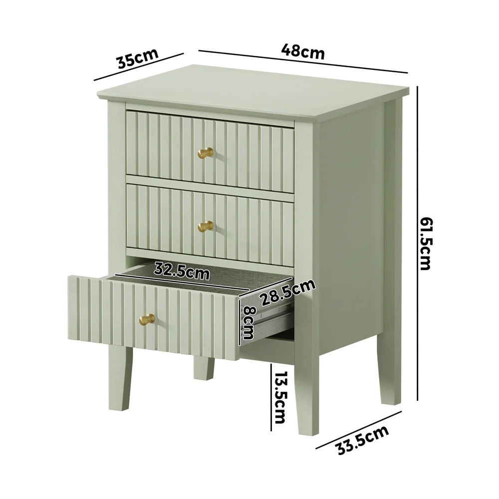 BT-PRIN-3D-GN Oikiture Bedside Table 3 Drawers Side End Storage Furniture Nightstand Green