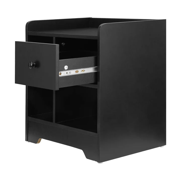 BT-SHEE-BK Oikiture Bedside Tables Side Table Nightstand Storage Drawer Shelf Bedroom Black