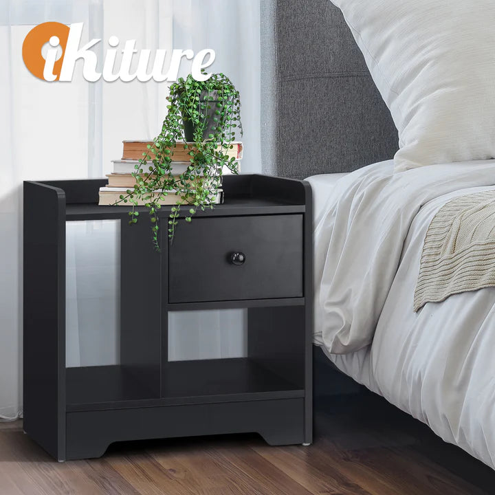 BT-SHEE-BK Oikiture Bedside Tables Side Table Nightstand Storage Drawer Shelf Bedroom Black