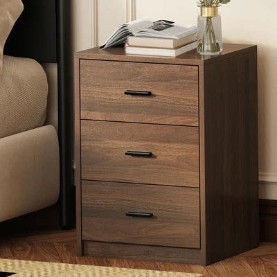 BT-SUNNE-3D-WN Oikiture Bedside Table 3 Drawers Nightstand Bedroom Storage Side End Walnut